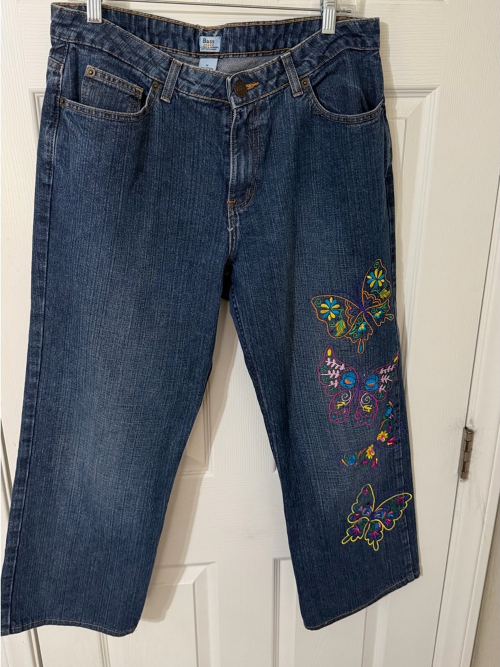 Bass Dark Blue Straight-Leg Jeans with Colorful Butterfly Embroidery